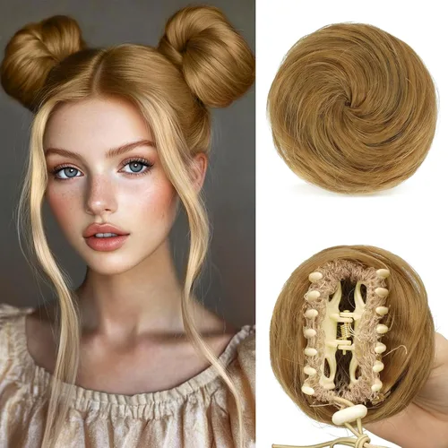 Vista 28 de SOFEIYAN 2 piezas de clip de pinza mini en extensiones de moño de cabello con orejas de gato desordenadas, accesorio de peluca de dona sintética