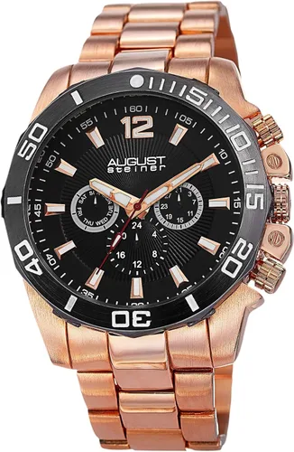 August Steiner Men's Swiss Quartz Multifunction Watch - 3 Subdials Feature Day, Date, and GMT Luminescent Hands on Stainless Steel Bracelet - AS8113