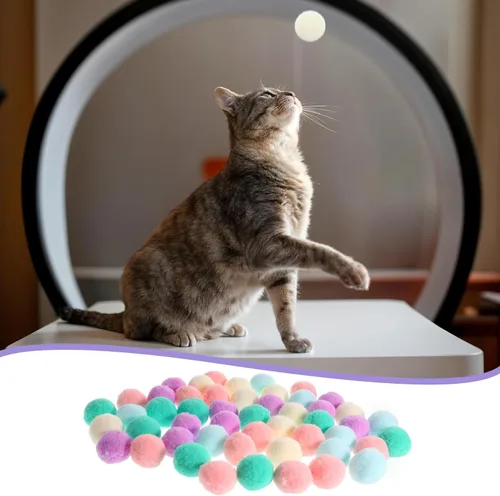 Vista 2 de Xthrotsenk 50 bolas de juguete para gatos de 1.2 pulgadas, coloridas bolas de pompón para gatos, bolas interactivas suaves para gatitos, juguetes