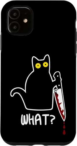 Vista 8 de iPhone 16 Funny Black What Cat - Murderous Kitty Cat with Knife Case