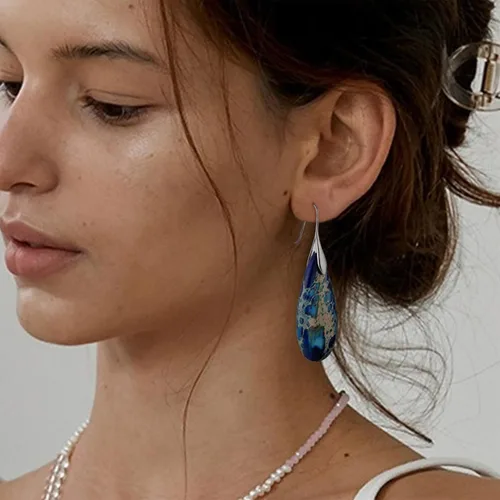 Vista 5 de SELOVO Pendientes colgantes con forma de aro de piedra en tono plateado