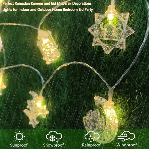 Vista 3 de Cadena de luces Eid de Ramadán que funciona con pilas, 10 pies, 20 luces LED, luna, estrella, castillo, farol, luces Eid Mubarak con temporizador