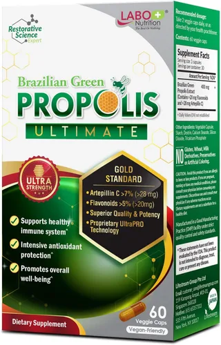 LABO Nutrition Propóleos verdes brasileños Ultimate – Contiene > 7% o 28 mg por porción de Artepillina C y >5% de flavonoides, para apoyo