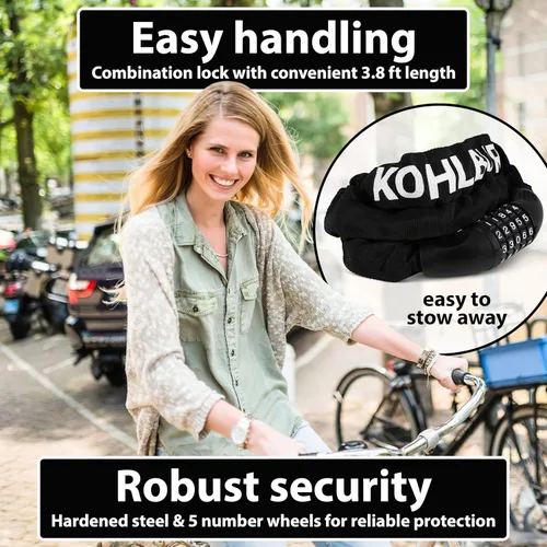 Vista 2 de KOHLBURG Cerradura de combinación de bicicleta extra larga – Cadena de 3.8 pies y candado de combinación de números fuertes de 0.24 pulgadas