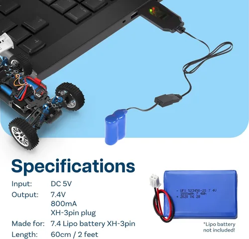 Vista 3 de MMOBIEL - Paquete de 2 cables de carga USB para baterías LiPo y Li-ion de 7.4 V - Conector USB a XH-3P, adaptador de carga 1A 2S para drones RC