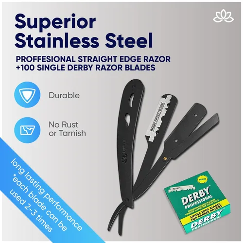 Vista 2 de Equinox - Maquinilla de afeitar profesional de borde recto con 100 cuchillas Derby individuales, 100 % acero inoxidable, afeitadora manual