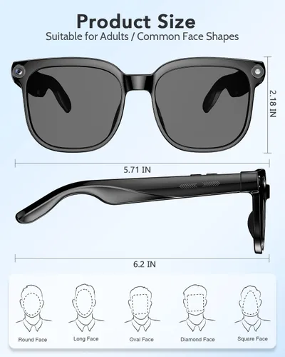 Vista 8 de CJkao Lentes inteligentes con cámara, música y llamadas Bluetooth, gafas de cámara HD de 800 W, grabación de video 1080P, control de asistente