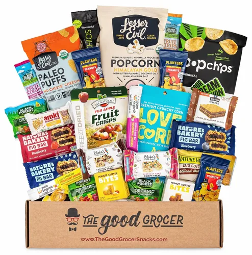 Paquete de cuidado de aperitivos saludables totalmente naturales (30 unidades): barras, galletas, puffs, fruta crujiente, mezcla de frutos secos,