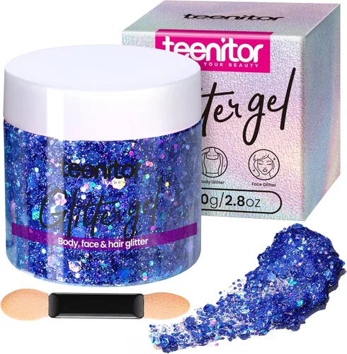 Teenitor Purpurina Azul para el Cuerpo, Purpurina para la Cara, Gel de Purpurina para el Cuerpo, Gel de Purpurina para el Cabello, 80 g/2.8 oz de