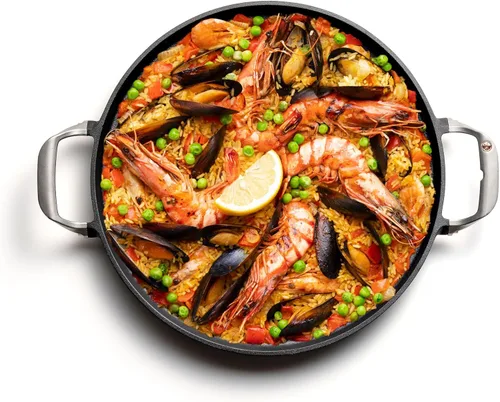 Vista 9 de Outset Paella para parrilla y bandeja para pizza profunda, sartén de hierro fundido con asas, 18.15 x 14.11 x 1.25 pulgadas