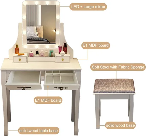 Vista 3 de Juego de tocador, tocador de maquillaje con taburete acolchado, mesa de tocador, espejo giratorio rectangular, 4 cajones, para dormitorio, vestidor