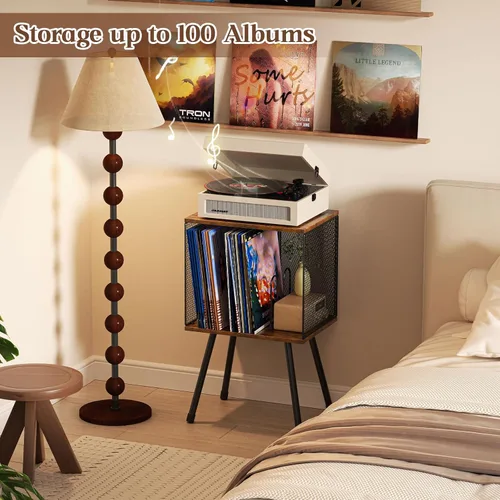 Vista 7 de X-cosrack - Soporte para tocadiscos con almacenamiento hasta 100 álbumes, soporte pequeño retro para discos de vinilo - Divisor ajustable, Marrón