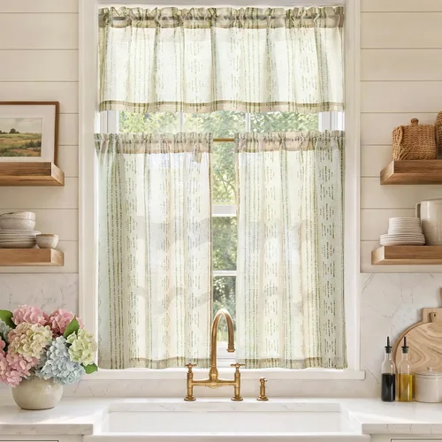Vista 27 de Jinchan - Juego de cortinas y cenefas de cocina estilo bohemio negro sobre beige y bolsillo para barra Boho Negro sobre Beige