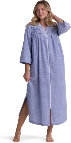 Vista 9 de Miss Elaine Bata larga de seersucker para mujer, bolsillos y cremallera con ribete bordado frontal, ropa de dormir y ropa de descanso