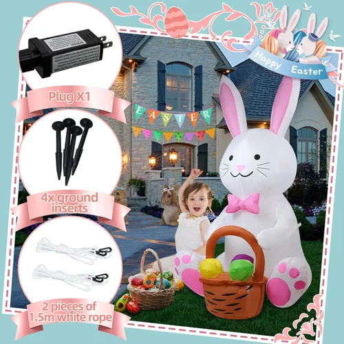 Vista 4 de Conejo de 5 pies con una cesta de flores, decoración inflable de Pascua para patio, conejo de Pascua inflable con cesta iluminada, decoración al