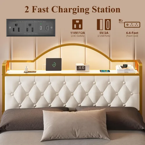 Vista 5 de E-Motie Bastidor de cama tamaño matrimonial en color blanco con 2 cajones de almacenamiento, luces LED y estación de carga. Plataforma tapizada