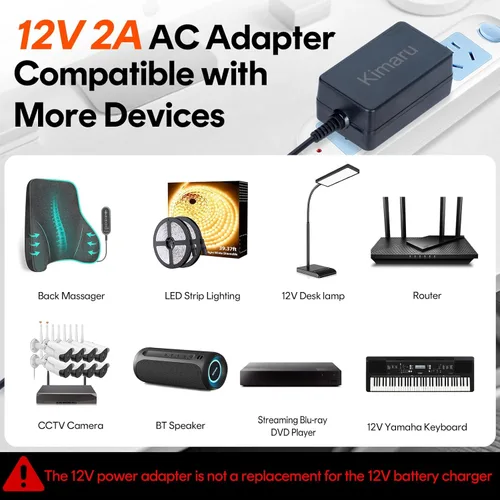 Vista 3 de Kimaru Adaptador de corriente de 12 V 2 A, certificación UL, 12 voltios, 2000 mA, cable de alimentación de CA a CC con 5 puntas para tiras LED