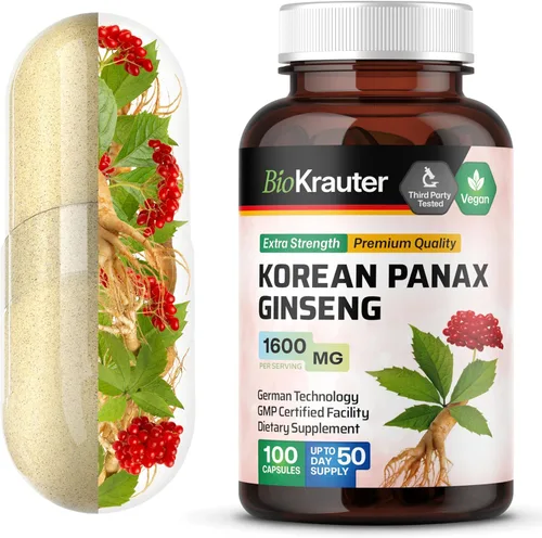 BIO KRAUTER® Suplemento de ginseng para energía, concentración, rendimiento y apoyo inmunológico, ginseng rojo coreano vegano puro, 1600 mg por