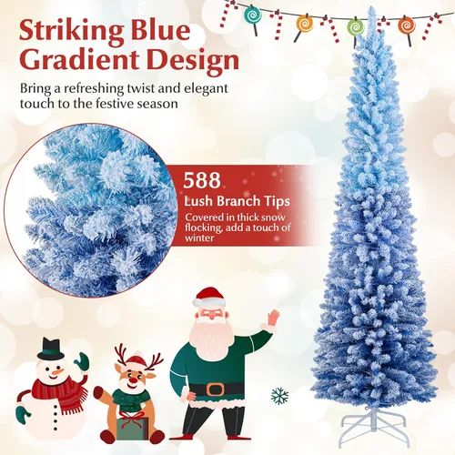Vista 4 de Goplus Árbol de Navidad Artificial Delgado Tipo Lápiz con Bisagras de 7 Pies con Efecto Nieve Azul Degradado, Pre-Iluminado con 290 Luces LED