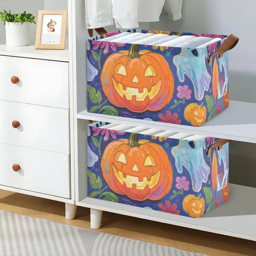 Vista 7 de KLL Halloween Pumpkins and Ghosts with Flowers Large Storage Baskets Fabric Storage Bins with Handles Foldable Boxes for Home, Office,Closet