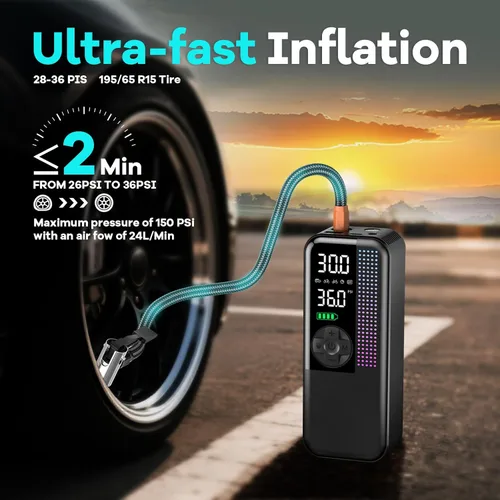 Vista 3 de Inflador de neumáticos, compresor de aire portátil, bomba de aire inalámbrica de 150 PSI, potencia dual de 6000mAh, enchufe de coche de 12V CC