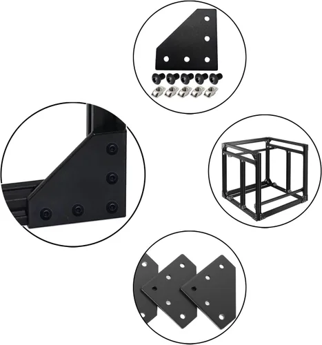 Vista 5 de 10 piezas 2020 placa de unión de soporte de esquina en forma de L, conector de extrusión de aluminio de 5 agujeros con 50 tuercas en T, 50 tornillos