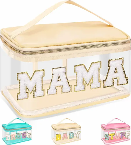 Vista 22 de izuzta Bolsas de maquillaje transparentes con letras de chenilla, bolsa de maquillaje de parche preppy con asa Rostro rosa y pelo-verde