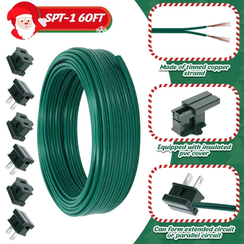 Vista 2 de Cable eléctrico de Navidad SPT-1 de 60 pies con 6 enchufes de vampiro, cable de calibre 18, cable eléctrico de 2 conductores, cable de bajo voltaje