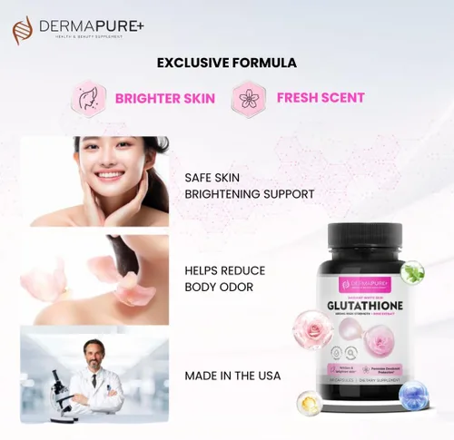 Vista 3 de Dermapure - Píldoras blanqueadoras de glutatión 2 en 1, 600 mg con extracto de aceite de rosa, suplemento para aclarar la piel y desodorante