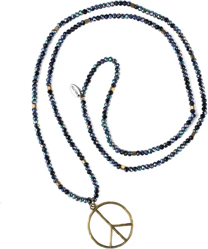 KELITCH - Collar clásico con dije de signo de paz, de hippie, de amor, con cuentas de cristal esmerilado, sin metal, Negro (Shiny Black), AMN-0320KK