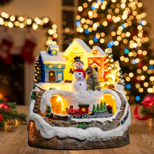 ZQQLITE Casas de Pueblo Navideño de Muñeco de Nieve Musical Animado con Tren Giratorio, Figuras de Colección de Pueblo Navideño Iluminadas para
