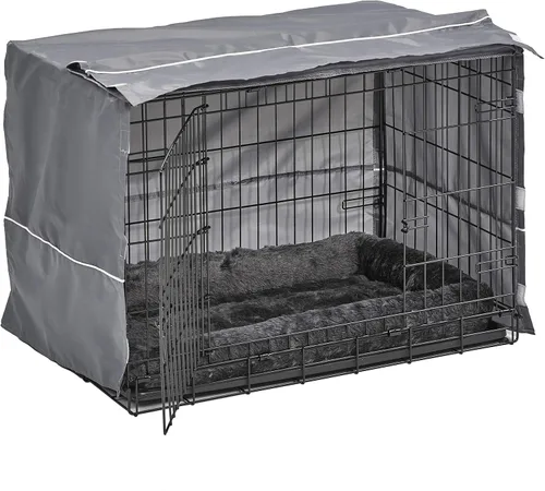 Vista 4 de MidWest Homes for Pets Kit de jaula para perros de doble puerta de 30 pulgadas, el paquete incluye una jaula de dos puertas, cama gris a juego