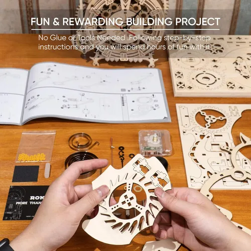 Vista 5 de ROKR Rompecabezas de madera 3D para adultos, kits de reloj mecánico, reloj de búho, kits de construcción de modelos de bricolaje, rompecabezas