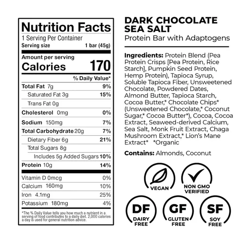 Vista 5 de Laird Superfood Barras de proteínas funcionales con adaptógenos, 0.35 oz de proteína vegana a base de plantas, sin OMG, paquete variado de 5