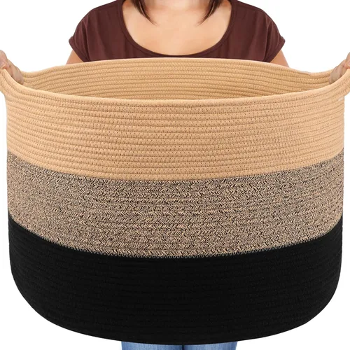 Vista 17 de Maliton - Cesta de manta extra grande, canasta de cuerda de algodón para juguetes, cesta de lavandería tejida con asas, almacenamiento decorativo