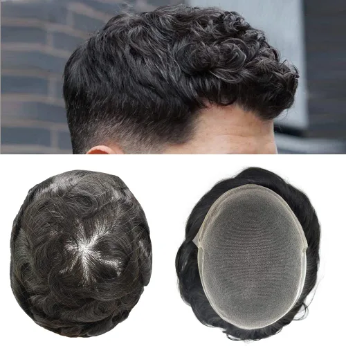 Vista 29 de Tupé de encaje suizo para hombre, pieza de cabello humano europeo, nudos blanqueados, línea capilar natural, encaje frontal, sistema de reemplazo