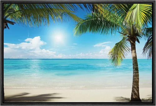 wall26 - Lienzo enmarcado con palmeras de aguas azules tropicales, arte para el hogar, 16 x 24 pulgadas, negro