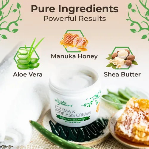 Vista 4 de Crema Wild Naturals para eccema y psoriasis con miel de manuka + aloe vera + manteca de karité + aceite de coco + aceite de cáñamo, 1, 1
