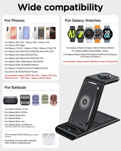 Vista 2 de Estación de carga inalámbrica para Samsung Cargador inalámbrico Galaxy S26 Ultra/S25/S24/S23/S22/Note20 Z Fold Flip7 Galaxy Watch 8/7/6/5/4/3 Active