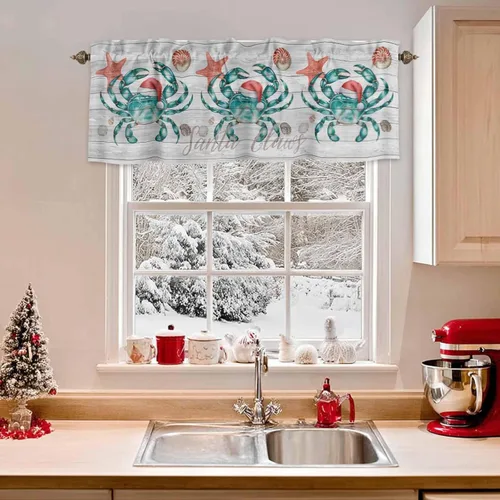 Vista 20 de Cenefas de verano para cocina, cafetería, cenefa de ventana con diseño de estrella de mar costera azul, 42 x 12 pulgadas, bolsillo para barra