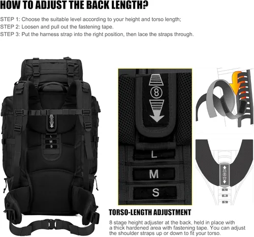 Vista 5 de Mardingtop 70L Mochila con armazón interno para caza, camping, senderismo; mochila con cubierta para la lluvia