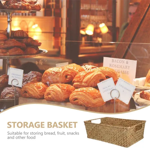 Vista 7 de HEMOTON Cesta de almacenamiento de ratán con asa, cestas de frutas tejidas rectangulares, cesta de pan de mimbre, contenedor de aperitivos, cesta