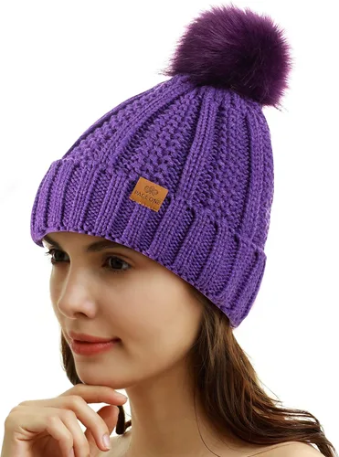 Vista 2 de PAGE ONE Womens Winter Thick Cable Knit Beanie Faux Fur Pom Hat Fleece Lined Skull Cap