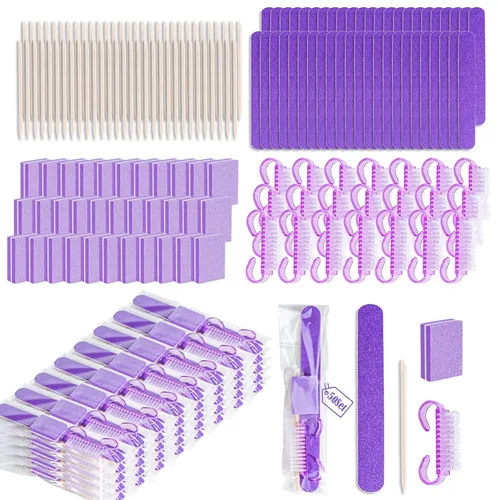 Vista 11 de 20 juegos de kit de manicura desechable básico de 4 piezas para viajes, cepillo de agarre, mini pulidor de uñas, lima de uñas y palo de madera