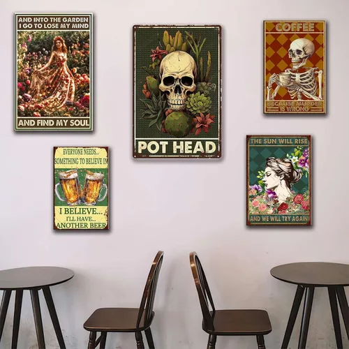 Vista 7 de TSEZLOJH Letrero de lata de bar, cactus y calavera, decoración de pared, decoración de pared retro para el hogar, puerta, jardín, bares
