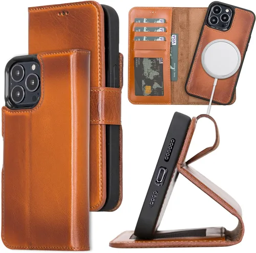 Vista 11 de Bayelon Funda para iPhone 13, funda de cuero de grano completo, [2 en 1] Cartera magnética desmontable para teléfono, funda abatible con ranuras