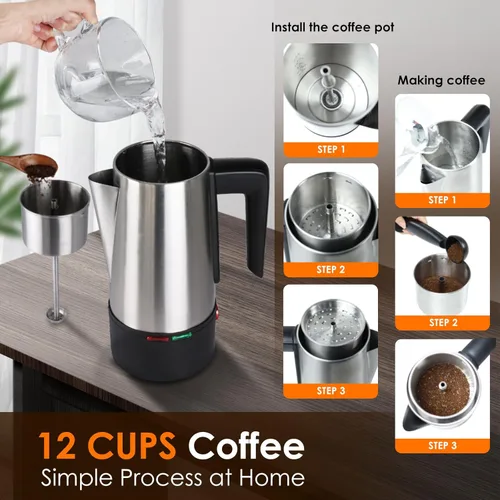 Vista 5 de HOMOKUS Percolador de café eléctrico de 12 tazas, cafetera percoladora de 800 W, acero inoxidable con perilla transparente, mango de tacto frío