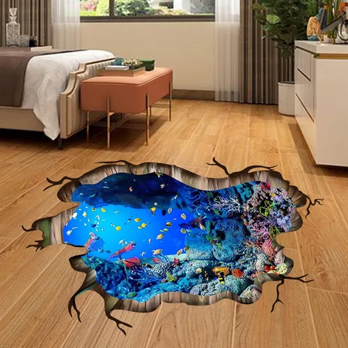 Vista 3 de Calcomanías de pared 3D bajo el mar, diseño de peces marinos, calcomanías de pared removibles para despegar y pegar, impermeable, para habitación
