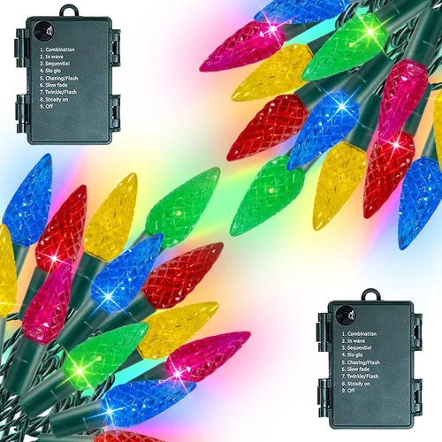 Dazzle Bright C6 - Luces de Navidad a pilas, paquete de 2 unidades en total de 100 LED de 34 pies, luces multicolor con 8 modos, decoraciones