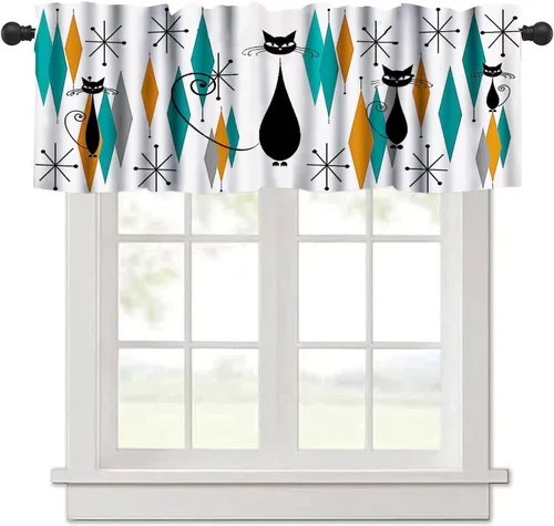 Vista 28 de Cenefa de cortina geométrica para ventanas, cenefa moderna con bolsillo para barra, 1 panel, cortinas cortas abstractas para playa, cortinas cortas